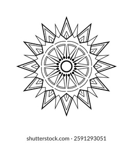 Radiant Star Mandala, Ornamental Circular Pattern, Symmetrical Line Art for Meditation and Coloring