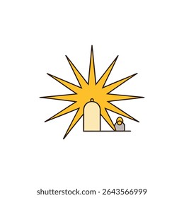 a radiant starburst behind a small nativity scene