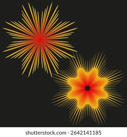 Radiant starburst design. Yellow red explosion. Black background contrast. Vector firework shape.