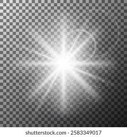 A radiant starburst effect appears against a transparent background, showcasing bright rays of light and sparkling particles that create a dynamic visual impression.