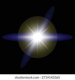 Efecto de luz radiante starburst con rayos brillantes sobre fondo transparente oscuro. Ideal para el diseño digital, temas cósmicos y energía visual mística. Alta resolución en formato PNG.
