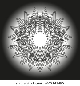 Radiant starburst shape. Glowing central light. Geometric symmetry vector. Dark contrast background.