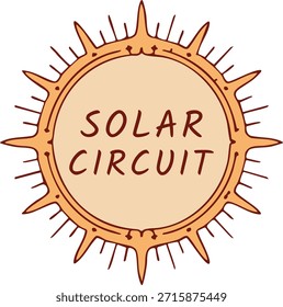 Radiante disco solar con rayos puntiagudos rodeando las palabras Circuito Solar en tonos cálidos y terrosos