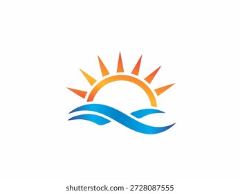 Radiant sun with extended rays above water waves, symbolizing warmth, nature, and beachside relaxation.