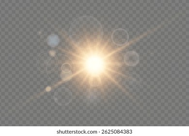 Radiant sun flare with golden glow and vibrant rays. Abstract sunlight effect with shiny burst. Perfect for summer, nature and bright sky designs. Vector illustration.