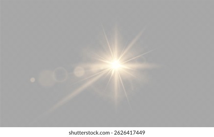 Radiant sun flash with magical light rays and glittering glow, transparent vector effect for summer, sunrise, or sunny day design and illustration

