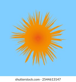 Icono de sol radiante. Centro naranja brillante. Fondo de cielo azul. Ilustración vectorial.