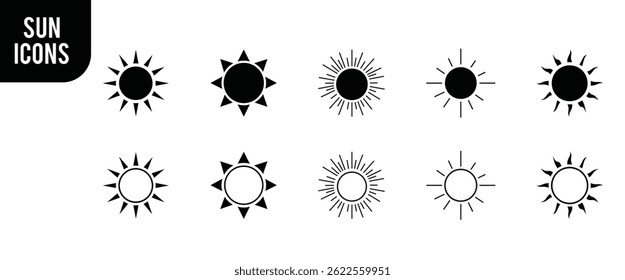 "Symbole für strahlende Sonne: Eine Vektorsammlung von Sonnenscheinsymbolen."