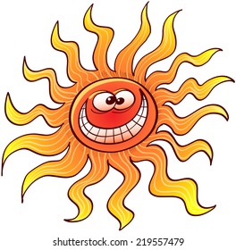 Radiant sun with long shiny rays, bulging eyes and mischievous expression while grinning, posing and exhibiting a sunburn in its face