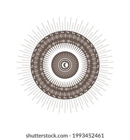 Radiant sun and moon mystic starburst on white background