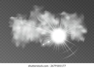 Strahlende Sonne, die durch dichte Wolken mit Lichtstrahlen scheint. Realistischer Wettervektor mit transparentem Hintergrund.