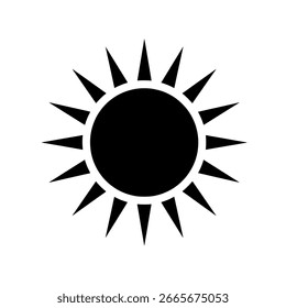 Icono de Vector solar radiante, un gráfico negro minimalista para Clima, verano, vacaciones y diseños con temática energética.