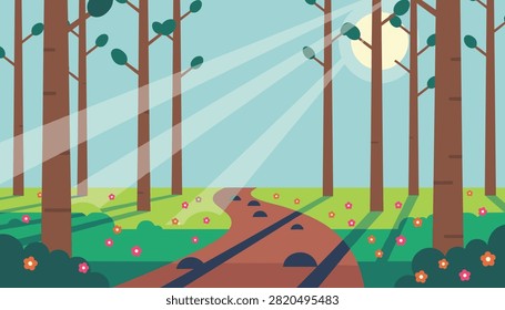 Radiant sunbeams shining through tall green forest trees onto a curved dirt path decorated with small colorful flowers.