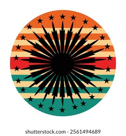 A radiant sunburst in the background and a subtle American flag motif