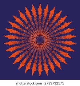 Radiant sunburst pattern motifs. Vibrant orange Vector graphic. Radial line illustrations. Darkest blue background focus. EPS 10.