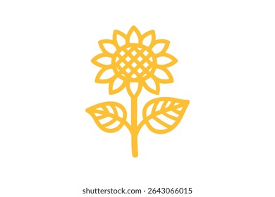 Radiant Sunflower Vector Line Art Illustration with Stem and Leaves in Golden Yellow