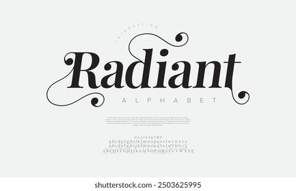 Radiant swash luxury elegant alphabet letters and numbers. Vintage wedding typography classic serif font decorative vintage retro. creative vector illustration