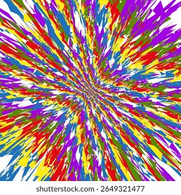 Radiant swirl burst. Rainbow splash vector. Dynamic vortex motif. Energetic spin art.