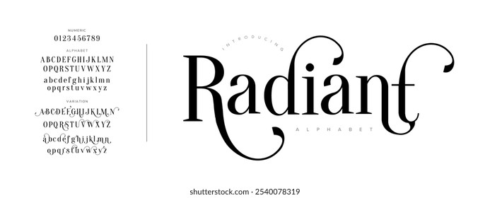 Tipografia radiante beleza moda elegante minimalista serif italic fontes decorativo casamento vintage retro logos. Logotipo de fonte de luxo mínimo alfabeto. Ilustração vetorial