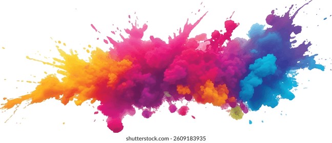 Radiant Watercolor Brush Strokes and Explosive Colorful Splashes on a White Canvas, Blending Abstract Art with a Playful, Modern Touch to Create an Exciting and Dynamic Visual Experience.
