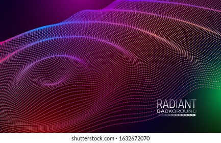 Radiant wavy background design with multicoloured dots and lines array. Abstract cyberspace background.