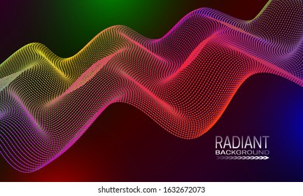 Radiant wavy background design with multicoloured dots and lines stream. Abstract cyberspace curvature background.