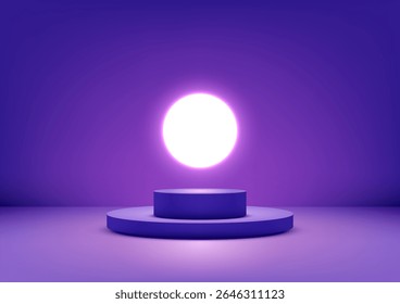 círculo branco radiante semelhante a um sol ou lua brilha contra um fundo roxo vibrante, iluminando pedestal cilíndrico 3D, exibição cósmica mística e minimalista para modelos de produto