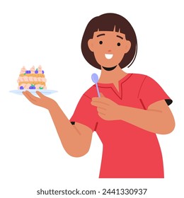 Radiant Woman, Brimming With Pride, Delicately Cradles A Homemade Dessert, Her Eyes Sparkling With Joy And Accomplishment, Inviting Admiration For Her Culinary Creation. Cartoon Vector Illustration