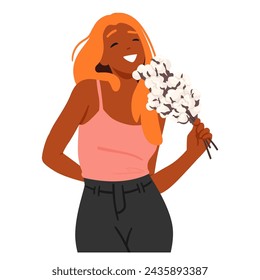 Radiant Woman Character Clasps A Lush Bouquet Of Fluffy Flax Flowers, Eyes Sparkling With Joy As Petals Gently Touch Her Beaming Smile, Embodying Grace And Beauty. Cartoon People Vector Illustration