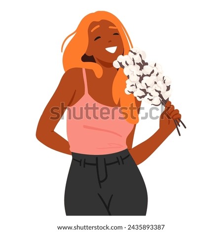 Radiant Woman Character Clasps A Lush Bouquet Of Fluffy Flax Flowers, Eyes Sparkling With Joy As Petals Gently Touch Her Beaming Smile, Embodying Grace And Beauty. Cartoon People Vector Illustration
