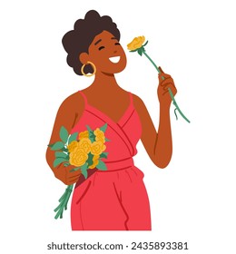 Radiant Woman Character with Joyful Smile, Tenderly Embraces Lush Bouquet Of Vibrant Flowers, and Sniffing them. Their Yellow Colors A Testament To Natural Splendor. Cartoon People Vector Illustration