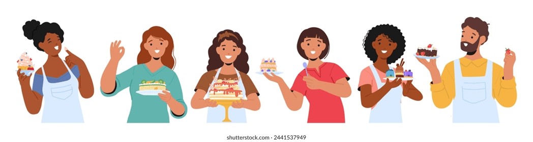 Las Mujeres Radiantes Sostienen Postres Caseros Con Orgullo, Dulce Obra Maestra Que Refleja Su Proeza Culinaria Y Pasión. Personajes femeninos de pastelería realizan sus pasteles. Ilustración vectorial de personas de dibujos animados