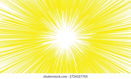 Explosão de energia amarela radiante a partir de um ponto central brilhante, linhas abstratas de movimento de raios solares transmitindo velocidade, luz, energia e energia de otimismo