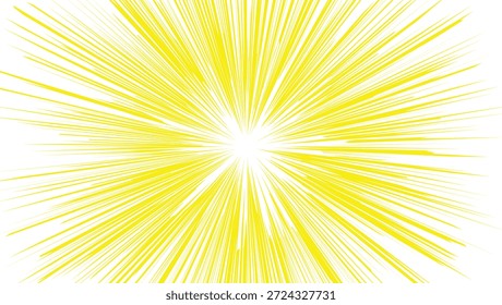 Explosão de energia amarela radiante a partir de um ponto central brilhante, linhas abstratas de movimento de raios solares transmitindo velocidade, luz, energia e energia de otimismo