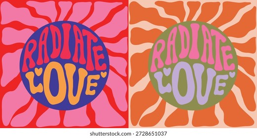 Radiate Love conjunto de pôster retro, design de tipografia groovy 70s com fundo de explosão solar psicodélica e corações