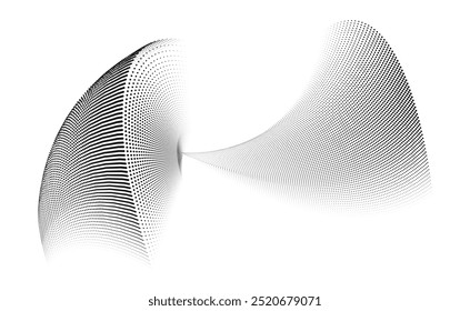 Radiate, release, and suck: energy flow in space - a vector illustration of creation and collapse. A dynamic particle waves within a halftone gradient create a fluid dot curve, transparent background.