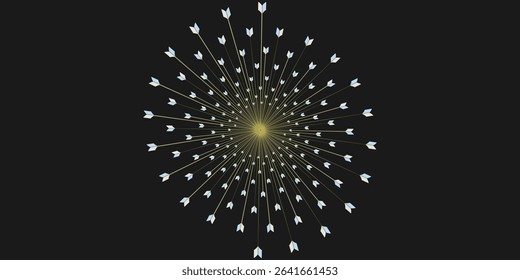 Radiating abstract design with symmetrical golden lines and blue arrowheads, forming a starburst or explosion effect on a dark background. Ideal for backgrounds, digital art, visuals.