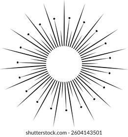 Radiating black lines from a central circle create a sunburst effect with scattered dots on a clean white background, perfect for graphic design projects