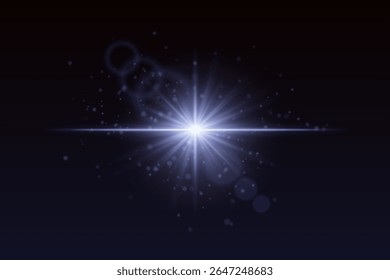 Radiating blue burst with glowing particles and lens reflections. Soft sparkle light for cinematic magic or special effects.