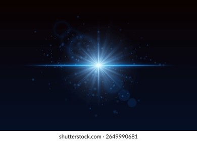 Radiating blue burst with glowing particles and lens reflections. Soft sparkle light for cinematic magic or special effects.