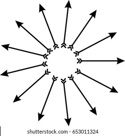 Radiating from the center of the arrow with arrowheads and feathers. Black and white icon. Vector illustration. Design element.