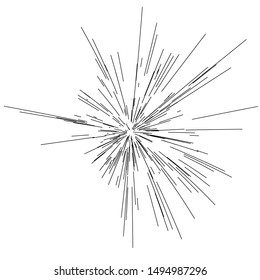 Radiating from the center of thin beams, lines. Vector illustration. Icon black on white. Design element for logo, signs. Dynamic style. Abstract explosion, speed motion lines 