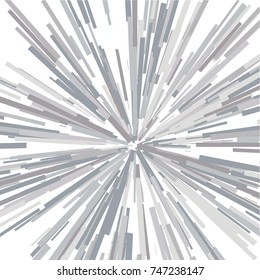 Radiating from the center of thin beams, lines. Vector illustration.  Gray, silver color Dynamic style. Abstract explosion, speed motion lines from the middle, radiating sharp