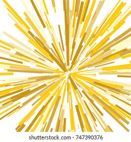 Radiating from the center of thin beams, lines. Vector illustration. Yellow color Dynamic style. Abstract explosion, speed motion lines from the middle, radiating sharp