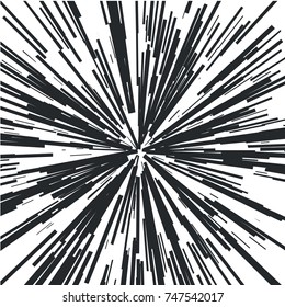 Radiating from the center of thin beams, lines. Vector illustration. Icon black on white. Dynamic style. Abstract explosion, speed motion lines from the middle, radiating sharp