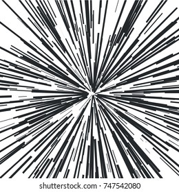 Irradiando desde el centro de vigas delgadas, líneas. Ilustración vectorial. Icono negro sobre blanco. Estilo dinámico. Explosión Abstractas, líneas de movimiento de velocidad desde el medio, irradiando agudo