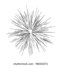 Radiating from the center of thin beams, lines. Vector illustration. Icon black on white. Design element for logo, signs. Dynamic style. Abstract explosion, speed motion lines from the middle, 