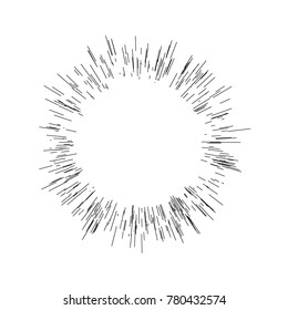 Radiating from the center of thin beams, lines. Vector illustration. Icon black on white. Design element for logo, signs. Dynamic style. Abstract explosion, speed motion lines from the middle, 