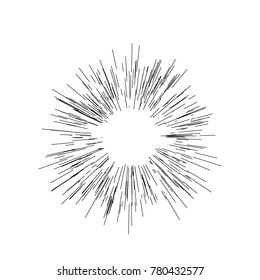 Radiating from the center of thin beams, lines. Vector illustration. Icon black on white. Design element for logo, signs. Dynamic style. Abstract explosion, speed motion lines from the middle, 
