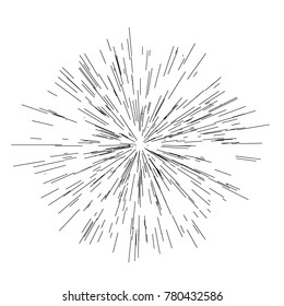 Radiating from the center of thin beams, lines. Vector illustration. Icon black on white. Design element for logo, signs. Dynamic style. Abstract explosion, speed motion lines from the middle, 